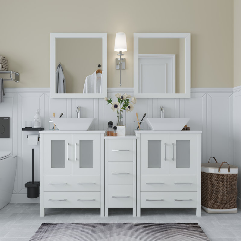 Ensemble de meuble-lavabo double 60 "avec miroir 60", Blanc