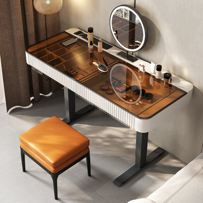 Makeup Vanity Set,Height Adjustable, USB Power Outlet, Glass Top, Storage Drawer