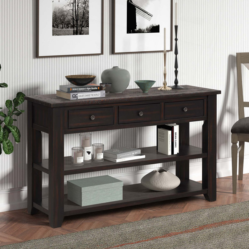 Console en bois de pin massif 48 po, table d'appoint moderne avec 3 tiroirs de rangement et 2 tablettes, Distressed Black
