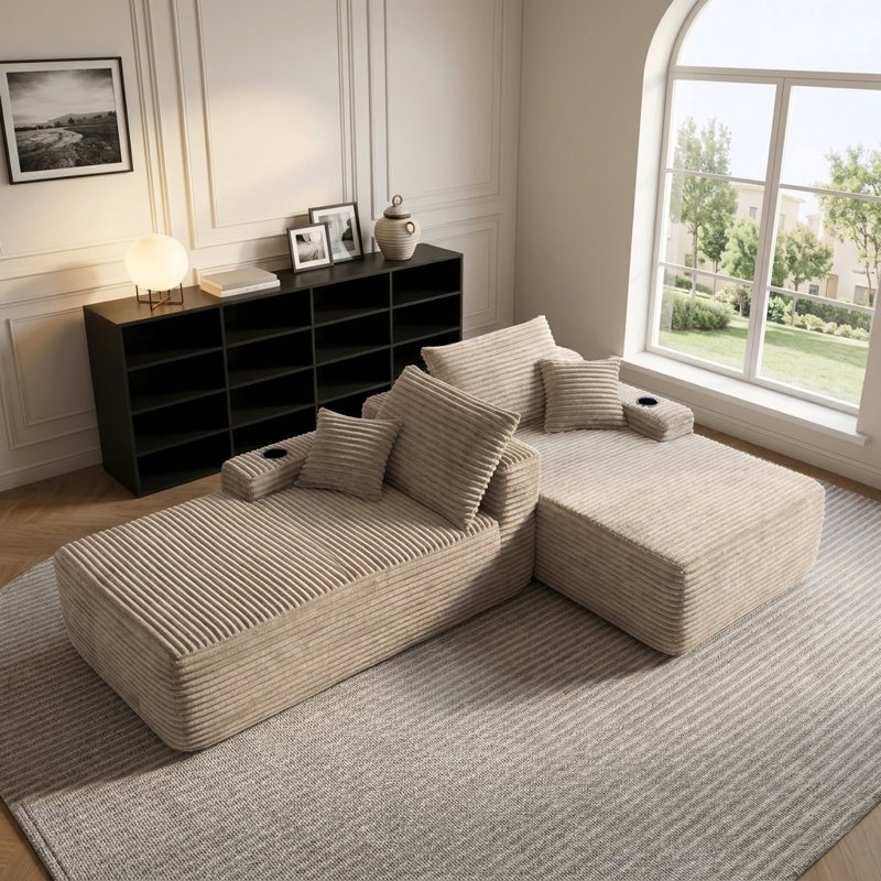 Canapé modulaire moderne en L de 69 po avec méridienne double et siège profond, aucun assemblage requis, Beige