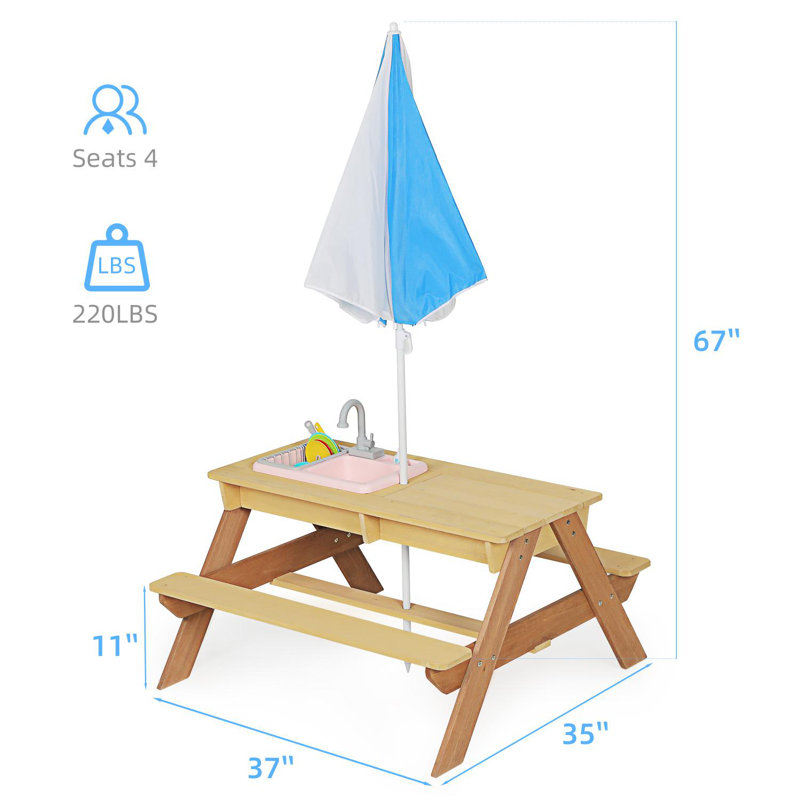 Table de pique-nique en bois pour enfants avec jeux de sable et d'eau et parasol réglable
