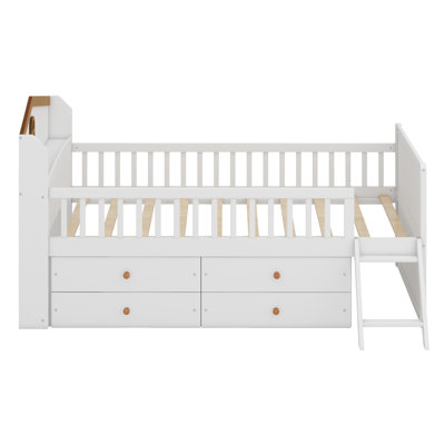 Wooden Bed Frame With Storage 4 Drawers,Platform Bed With Guardrail Headboard And Ladder