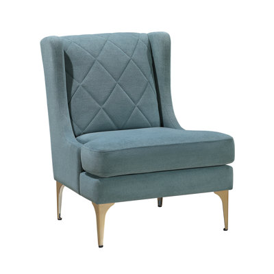 Fauteuil à oreilles moderne en chenille bleu moderne avec pieds en métal doré et dossier cousu à losanges