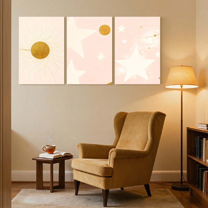 Motif d'étoile abstraite soleil levant, décorations dorées sur fond rose doux, ensemble de 3 impressions sur toile