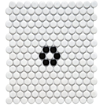 SAMPLE - Metro Porcelain Penny Round Tile Mosaic w/ Blk Flower