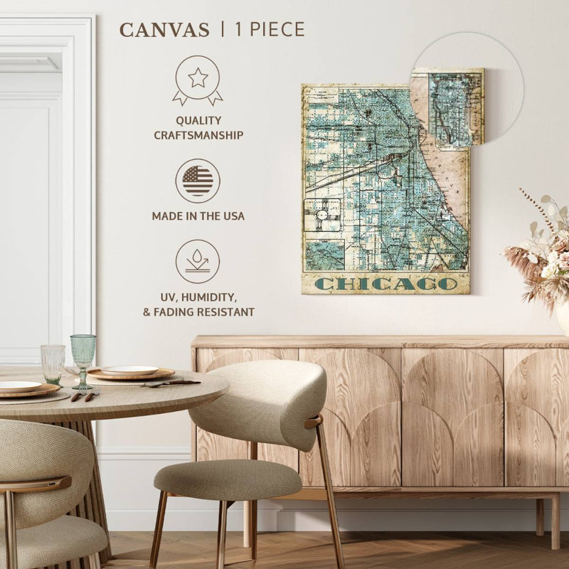 Carte rétro de la ville de Chicago sur impression sur toile, H 20 po x l 25 po x P 1,25 po