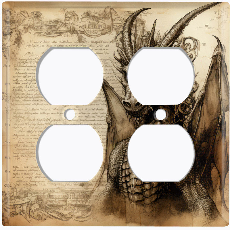 Couvercle de plaque d'interrupteur en métal; Dragon à cornes en double US, Prise double # 9