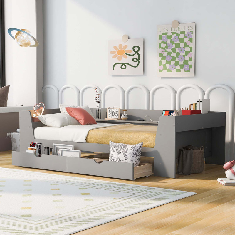 Daybed with shelves,drawers, Gris