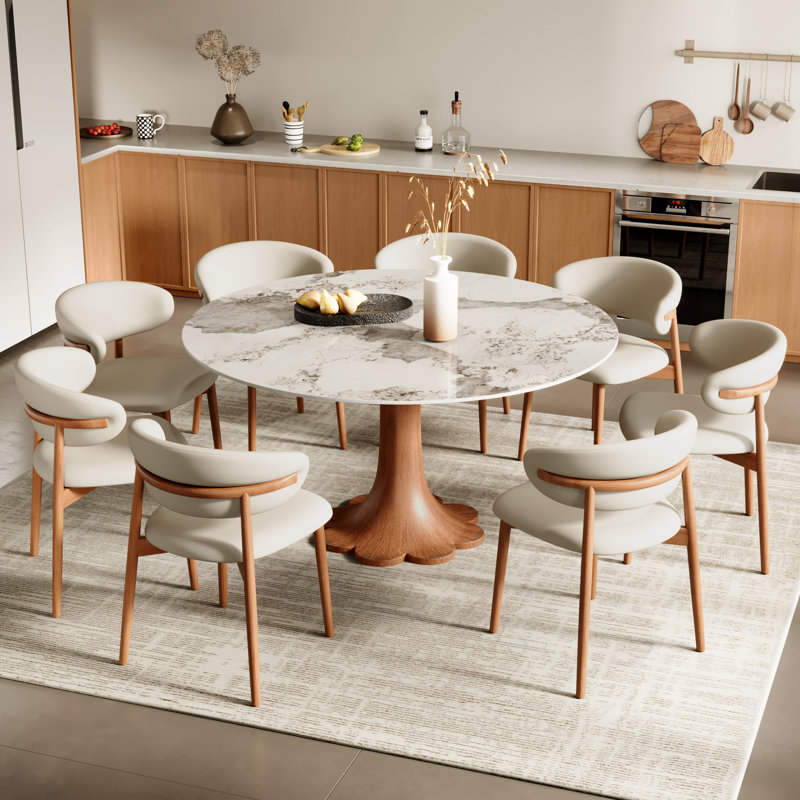 Mid-Century moderne enneigé / sable fritté pierre ronde bois massif en bois massif piédestal de forme noyer / ton noyer foncé (1 table, 4/6/8 chaises)