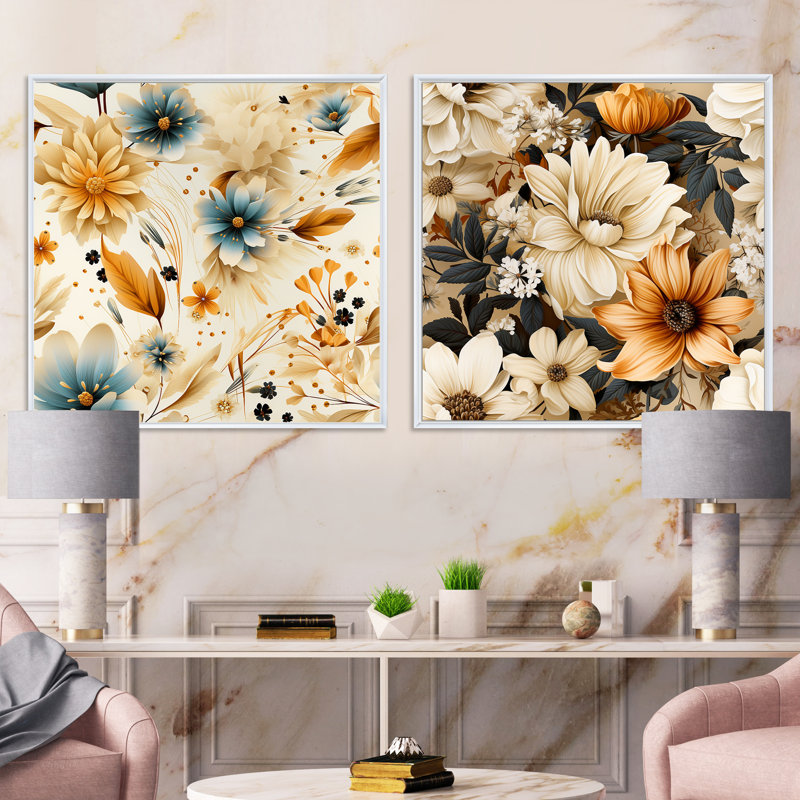 Campion - Ensemble de 2 collages carrés botaniques abstraits, Cadre flottant blanc, H 36 po x l 73 po