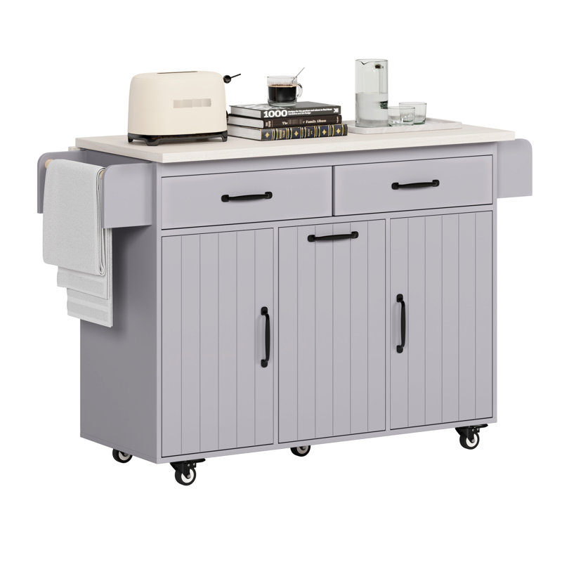 Kitchen Island With Trash Can Holder, Drop Leaf, Spice Rack, Towel Adjustable Shelf, Grey Finish Luxury Featuring Bar, Shelves,