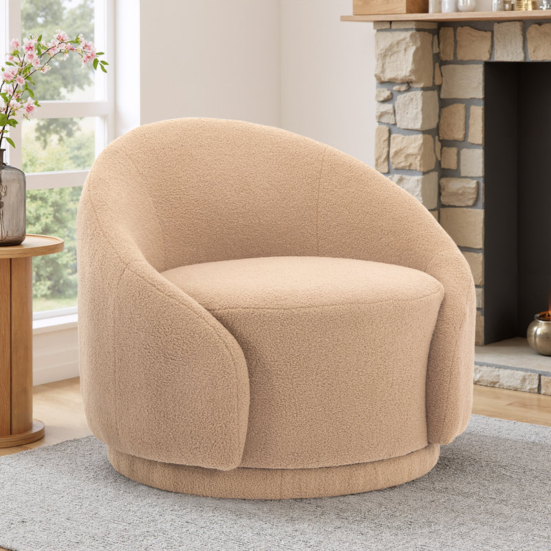 Aunna Nenuphar 35.04'' Wide Swivel Barrel Chair, Light Brown Boucle