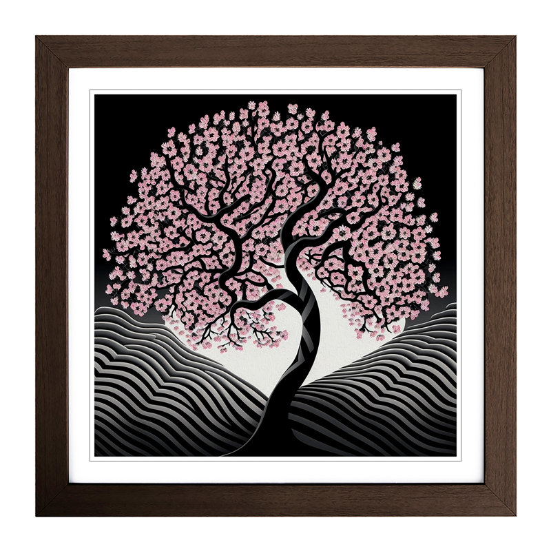 Cherry Blossom Tree Op Art No.1 - Single Picture Frame Print on Wood, Walnut