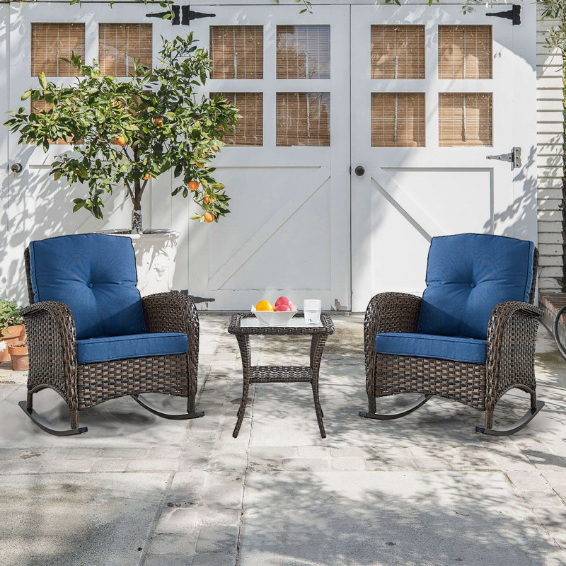 Ensemble de chaises berçantes en osier pour l'extérieur Tonry, Bleu, Brun