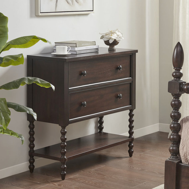 Commode d'appoint en bois massif - 2 tiroirs, fini brun, meuble de rangement classique