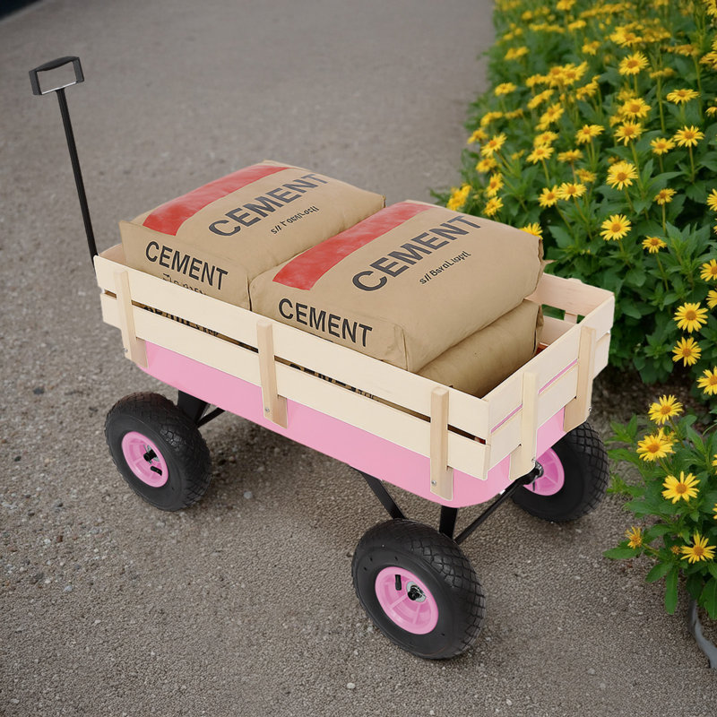 Chariot de jardin avec clôture et roues, Rose