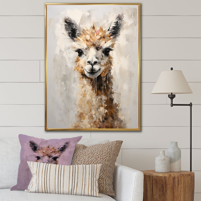 Minimalisme Alpaca Grunge - reproduction d'art sur toile Alpaca, H 40 po x l 30 po x P 1,5 po, Cadre flottant doré