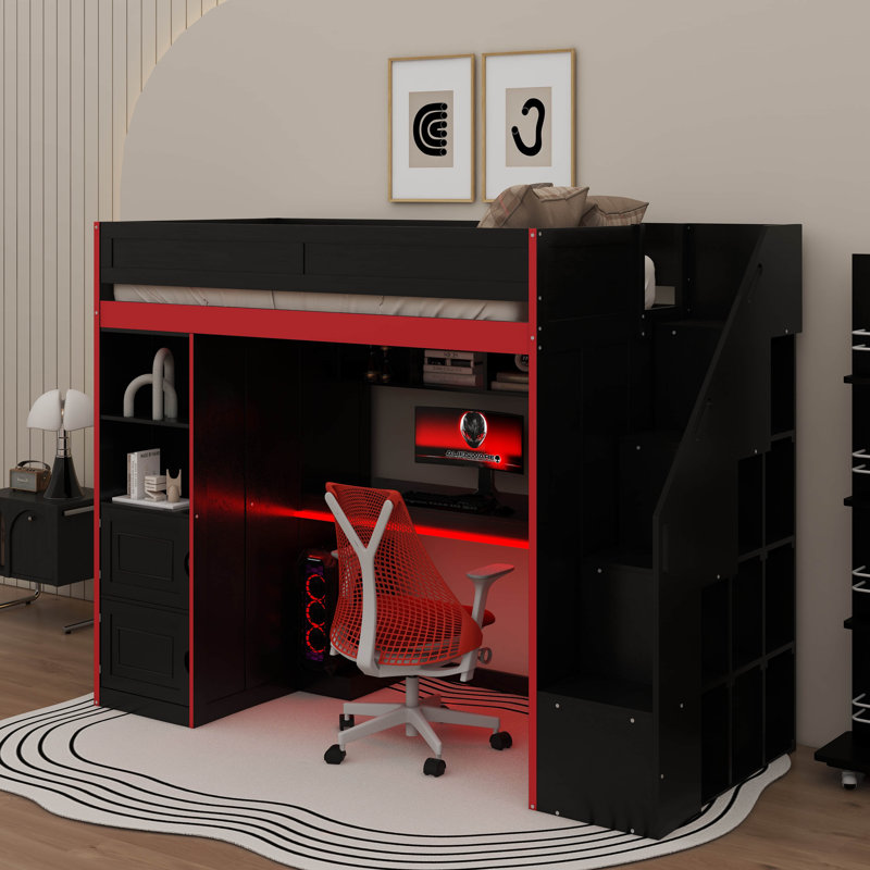 Lit mezzanine pour jouer avec bureau et rangement, lumières DEL, lit simple, Simple