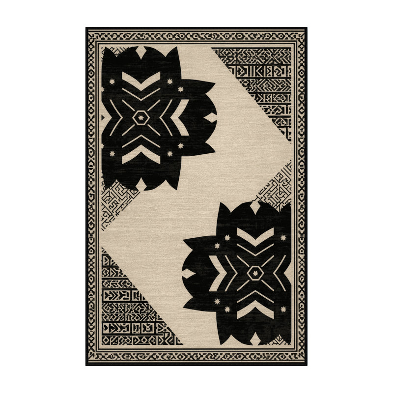 Tapis marocain doux et moelleux de style bohémien beige - reliure noire, 5x8