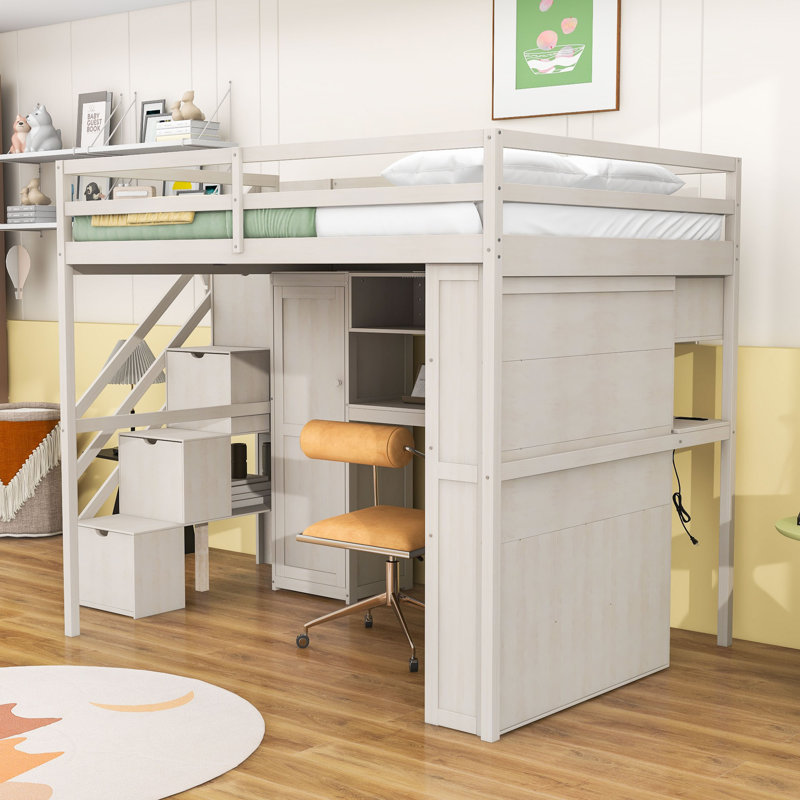 Lit mezzanine double en bois avec lumière DEL, garde-robe, bureau et tablettes, Beige