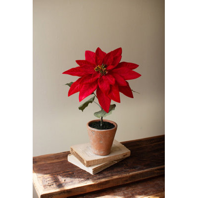  Artificial Red Poinsettia in Cement Pot for Home Decor – Faux Christmas Potted Plant, 18"