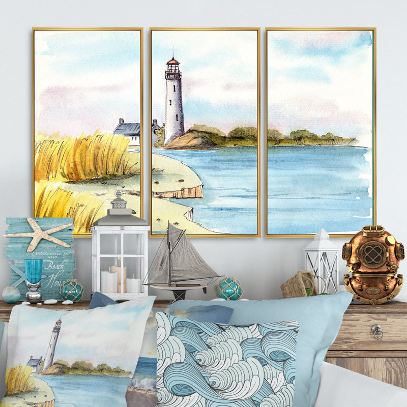 Phare sur un bord de mer lointain - 3 pièces, reproduction sur toile, Doré, H 32 po x l 48 po x P 1 po