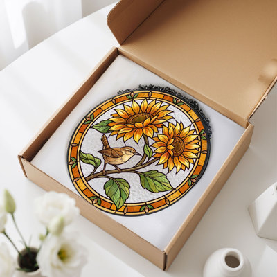 Sunflower Bird Stained Glass Window Panel，12"H