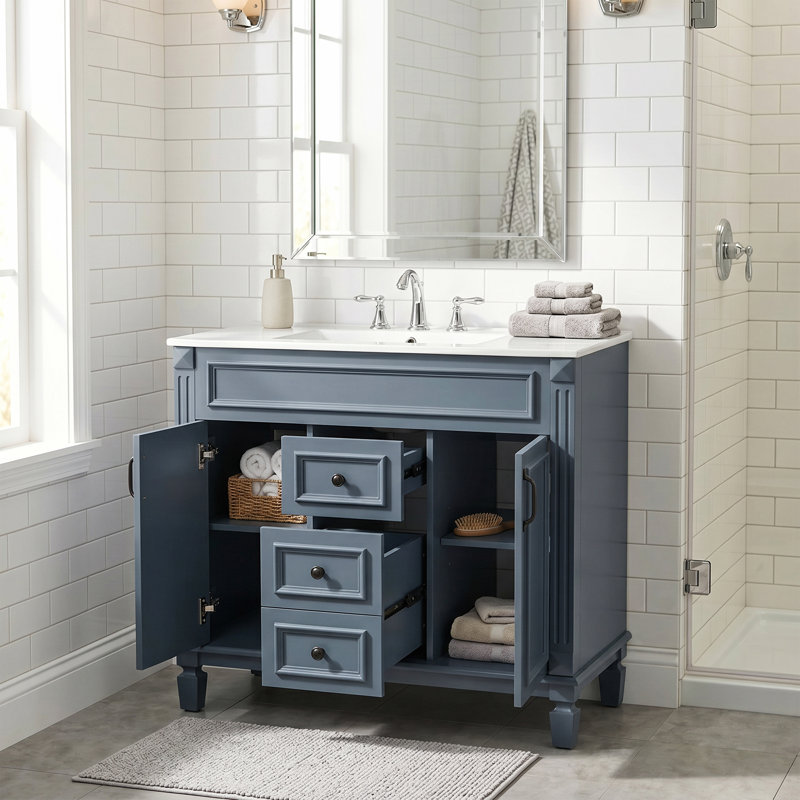 Meuble-lavabo autoportant en bois de pin massif 36 po et panneau de fibres à densité moyenne 36 po, armoire bleue avec 2 portes à fermeture douce et 2 tiroirs, lavabo intégré en céramique blanc brillant, quincaillerie d'armoire complète assortie