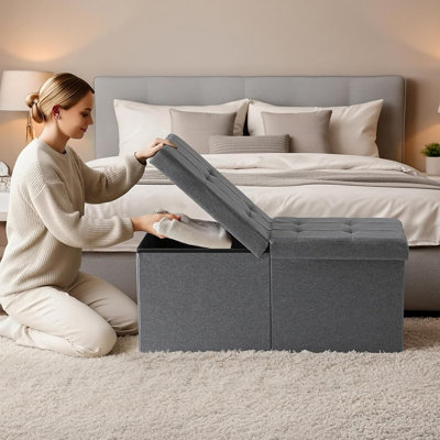 30-Inch Gray Storage Ottoman and Footrest Bench, Collapsible Double-Grid Storage Chest for Bedroom, Living Room, Entryway, and End of Bed