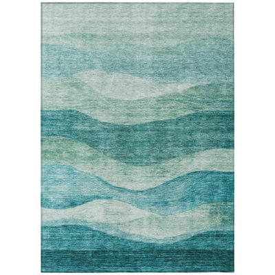 10' X 14' Teal Blue And Aqua Abstract Washable Indoor Outdoor Area Rug