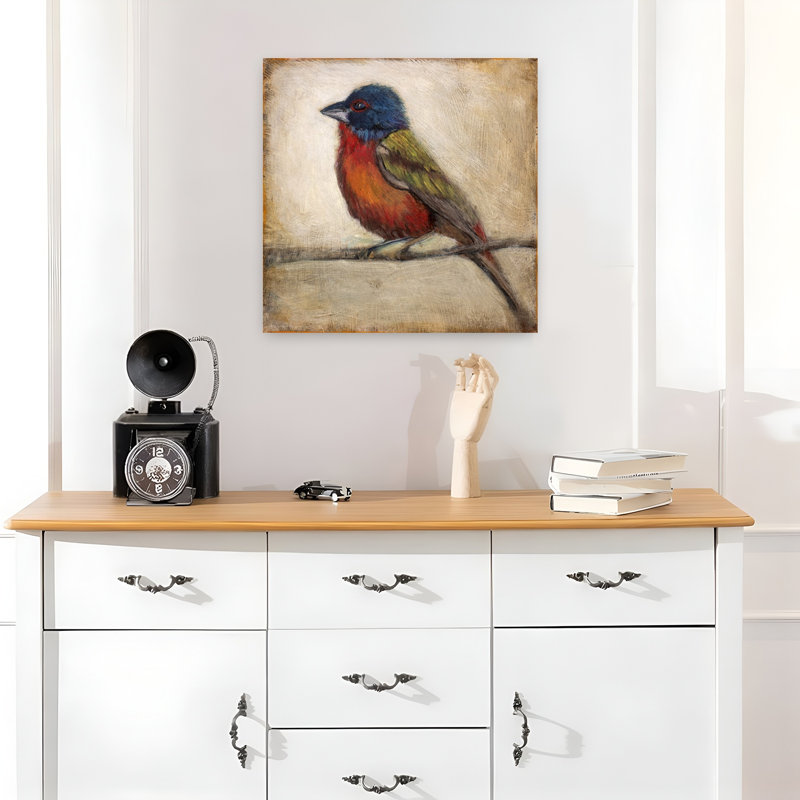 Oiseau chanteur coloré, art mural contemporain, H 18 po x l 18 po