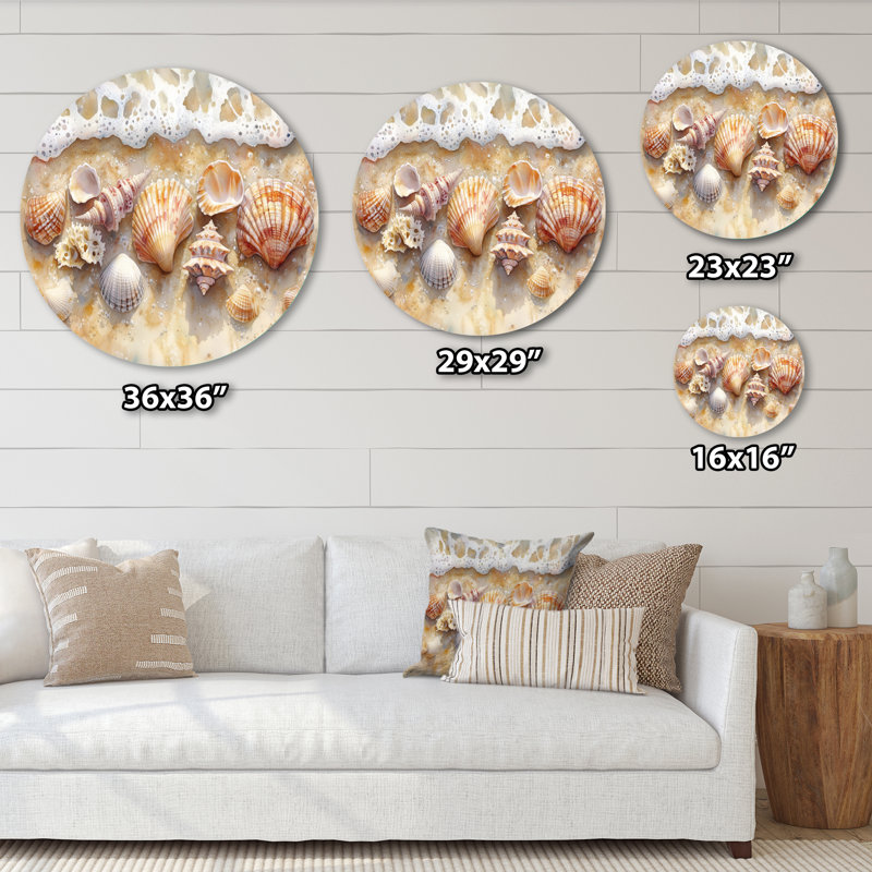 Coquillage sur la plage de sable - décoration murale ronde en métal coquillage, L 23 po x H 23 po