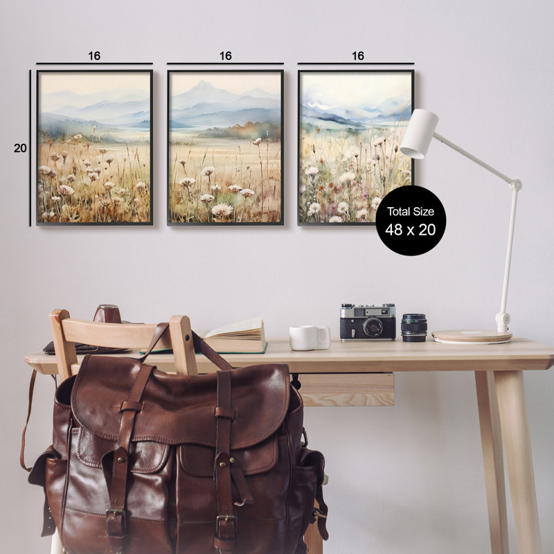 «A3-218», «In The Field Landscape», encadré sur bois, 3 pièces par Petals Prints, Giclée encadrée noir minuit