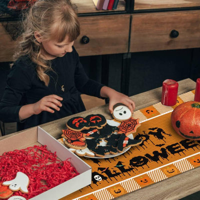 Halloween Table Runners, Pumpkin Table Runner For Kitchen Dinner Table Farmhouse, Halloween Party Decoration Indoor, Orange & Black Buffalo Check Pattern - 13 X 72 Inch