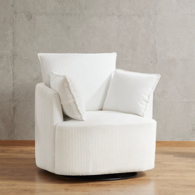 Elegant White Swivel Chair with Wood and Metal Frame – 360-Degree Rotation for Effortless Comfort