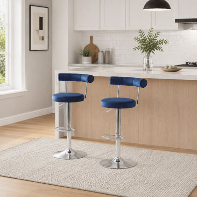 Chaise de bar pivotante rembourrée en velours doux avec pieds chromés argentés - parfaite pour la salle à manger, le salon et les bars (bleu foncé, ensemble de 2)