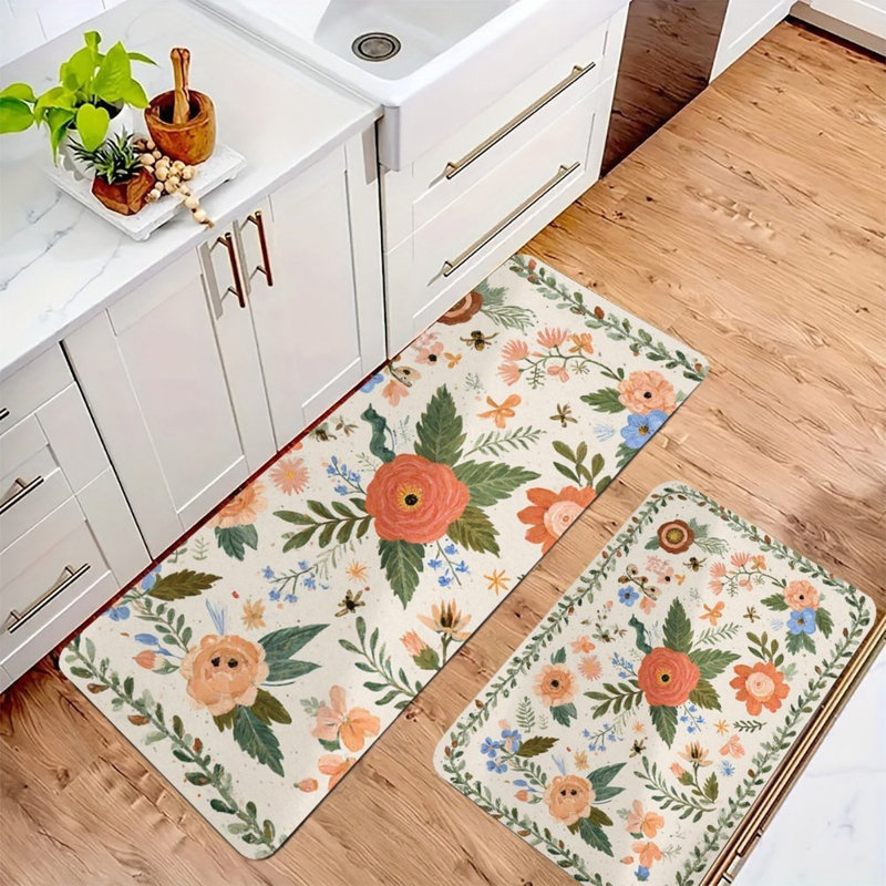 Watercolor Floral Wreath, Kitchen Mats Set Of 2