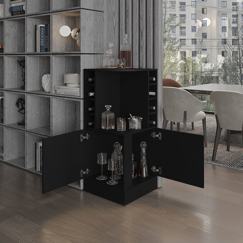 42" Tall Corner Bar Cabinet, Black - 8 Bottles , Double Door Storage Modern Home Decor 43" Cabinet Wine Bottle Smart, Black
