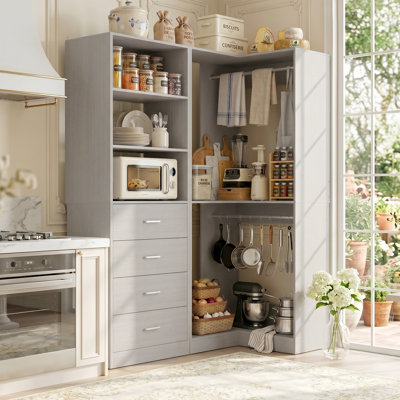 Corner Kitchen Pantry Storage Cabinet with 4 Drawers, Open Shelves & Hanging Rods, 2-Piece Modular Food Organizer System