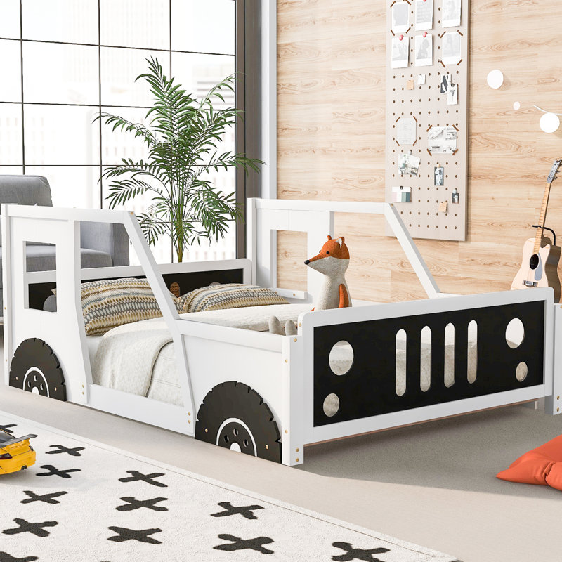 Lit plateforme blanc classique avec roulettes, en bois de pin robuste et structure en forme de voiture, Lit double, Blanc