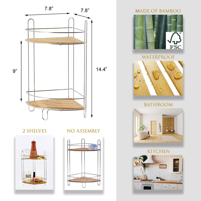 Tour de rangement en coin en bambou avec 2 tablettes, Brun / chrome