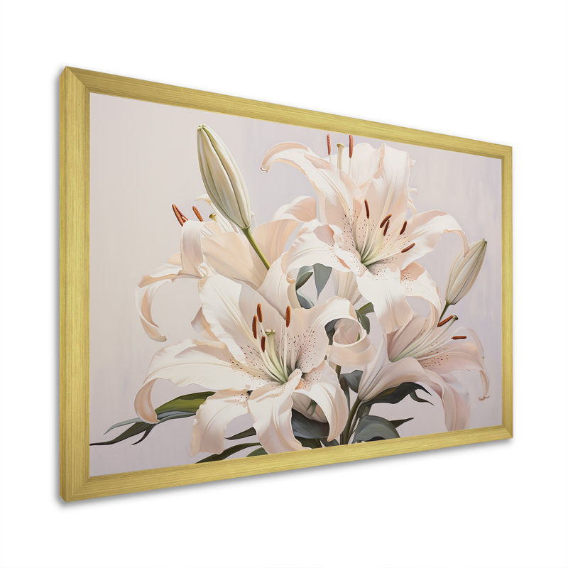 Lys blancs en fleur II sur toile, H 16 po x l 32 po x P 1 po, Cadre doré simple