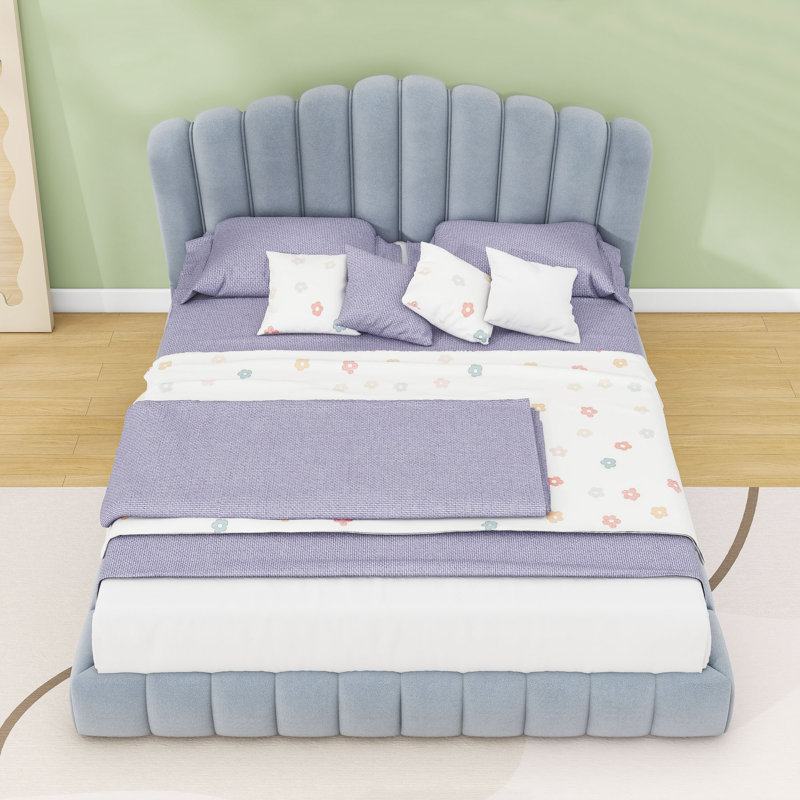 Queen Upholstered Bed Frame with Headboard, Light Blue