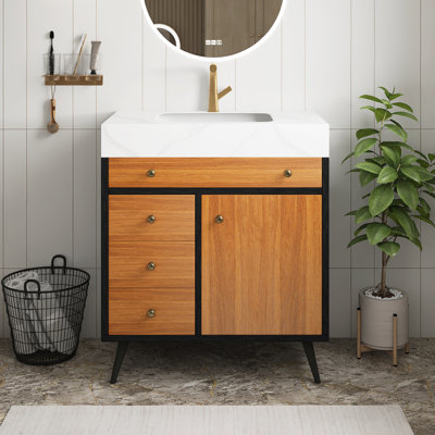 Meuble-lavabo autoportant de 30 pouces avec lavabo en céramique et plateau en pierre frittée