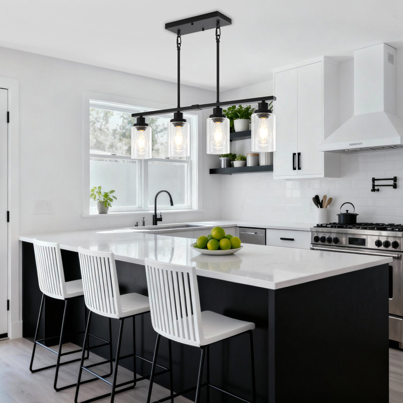 Luminaire suspendu linéaire à 4 lumières avec abat-jour en verre transparent, Quatre lumières