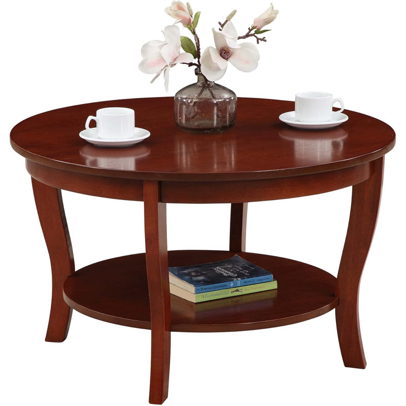 Table basse ronde avec tablette de rangement - Table de salon classique en bois massif, design traditionnel pour salle familiale