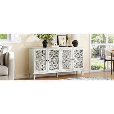 Armoire de rangement sculptée à portes à quatre portes, rangement de style traditionnel avec plateau de présentation, console de couloir avec détails ornés