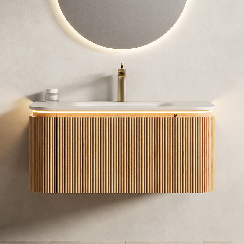 Meuble-lavabo de 36 po et lavabo, armoire à rebords arrondis flottants, tiroir rayé 3D naturel, lavabo à motif en pierre frittée, capteur à DEL, système de fermeture en douceur, glissières de tiroir, rangement facile, facile à installer,