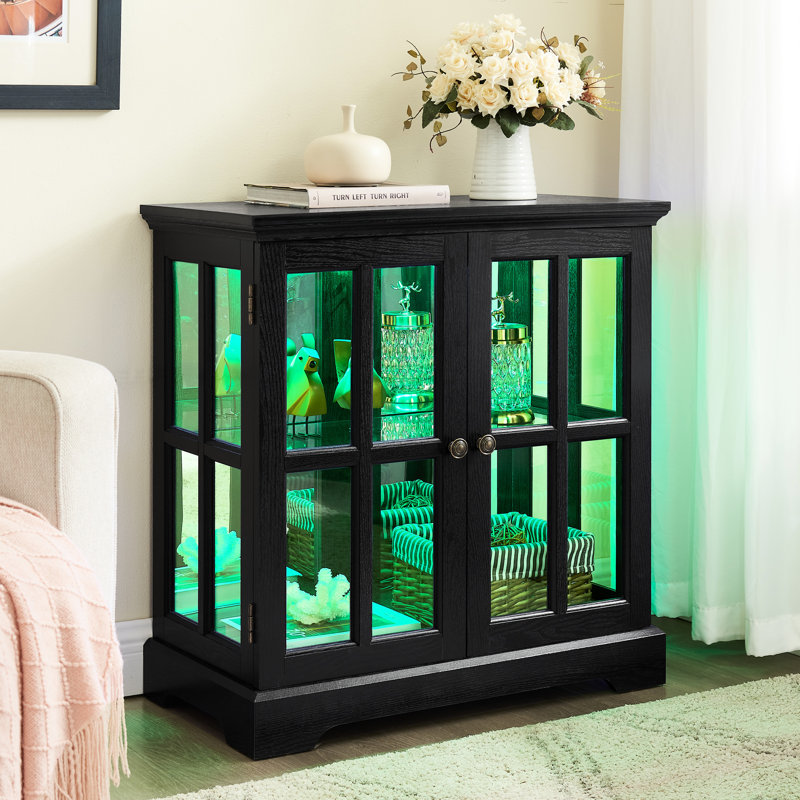 Antique Glass Cabinet With Adjustable Storage, Doors, Materials, And - Controlled Lighting For Dining Room Led Curio Retro Style, Shelves, Acrylic Back, Remote Control Home Organization