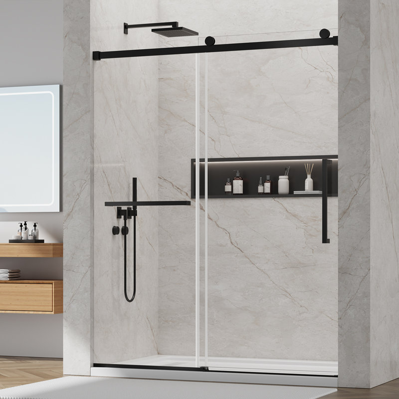 56-60'' - W x 76'' H Single Sliding Shower Door with Nano Coating Easy-clean Stainless Steel Frameless Shower door Black